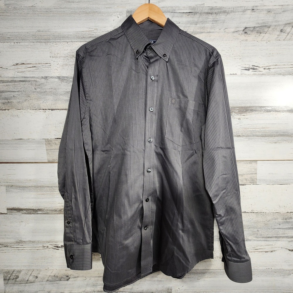 IZOD Button Down‎ Shirt Mens L Gray Striped Long Sleeve Pocket Casual